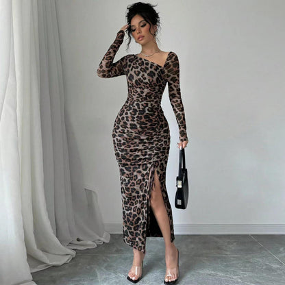 Vestido maxi ajustado de manga larga con estampado de leopardo sexy para mujer