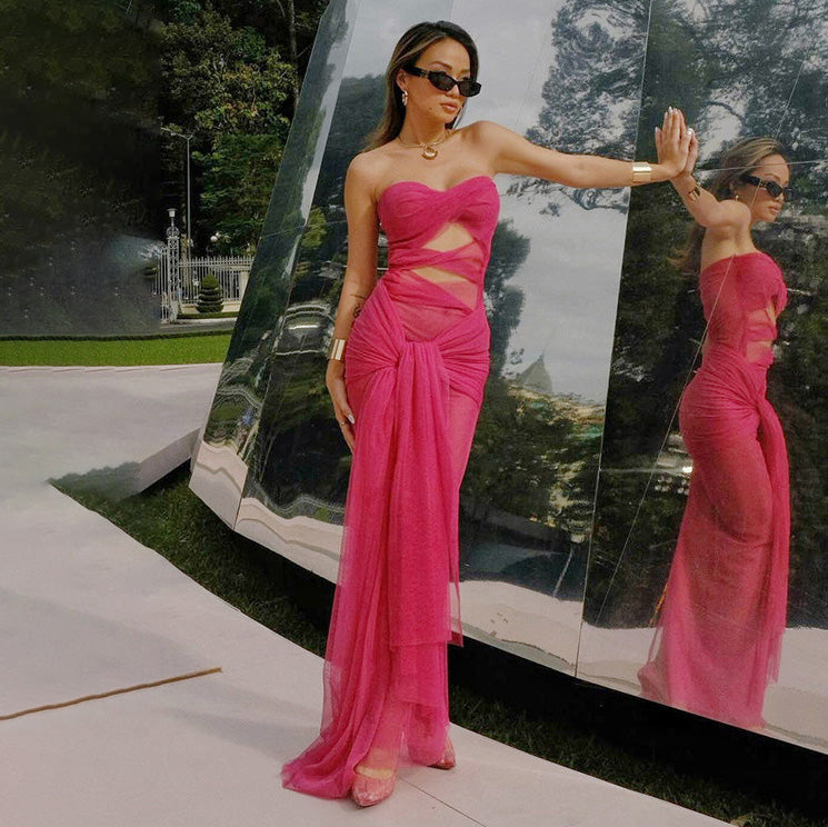 Vestido sexy de malla con perspectiva de color sólido a la moda para mujer