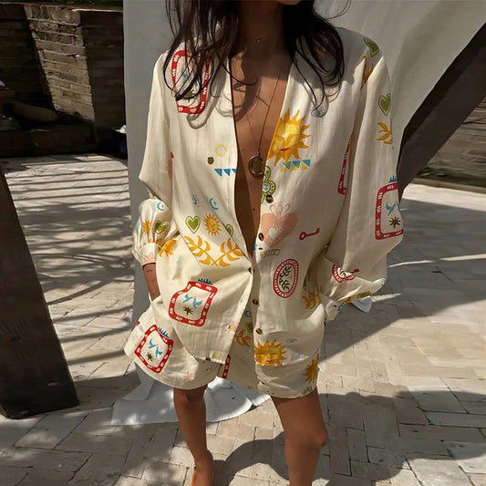 Women Summer Vacation Printed Shirt Shorts Set