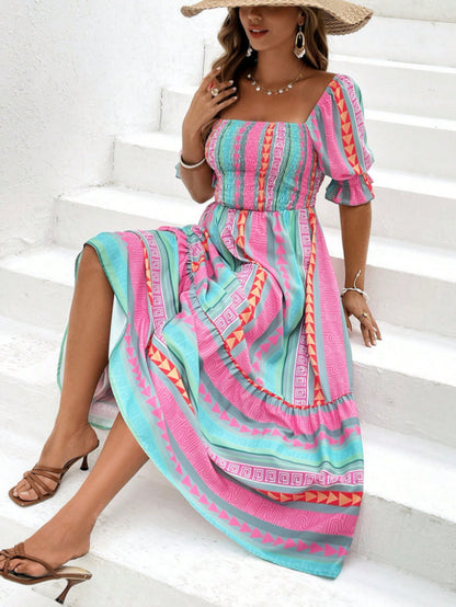 Robe décontractée imprimée à manches courtes et col carré pour femme