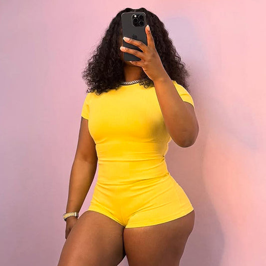 Women Casual Solid Color Round Neck Short Sleeve T-Shirt and Shorts Set