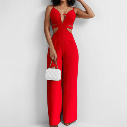 Women Fashion Sexy Solid Color Hollow-Out Jumpsuit