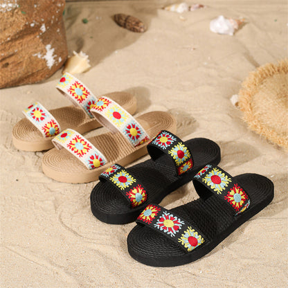 Chaussons plats d'été pour femmes, style bohème, ethnique, vintage, à fleurs
