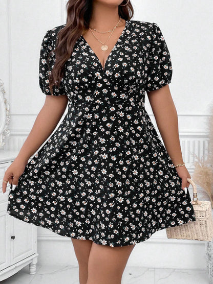 Vestido holgado informal con mangas abullonadas y cuello en V floral para mujer