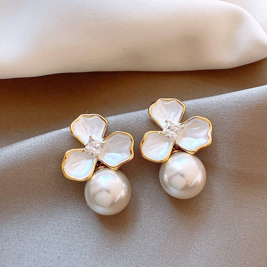 Women Elegant Rhinestone Floral Pearl Earrings Imitation Jewelry