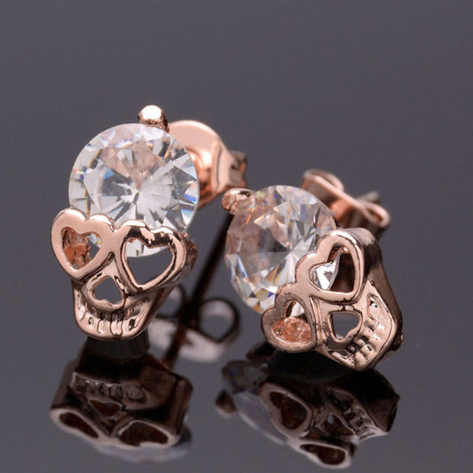 Women Rose Gold Tone Crystal Skull Stud Earrings