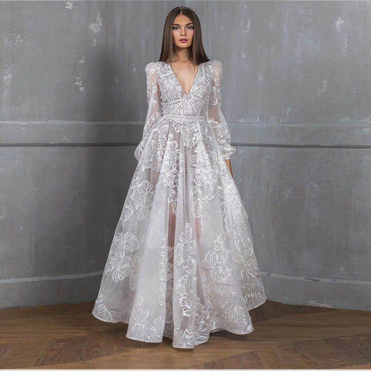 Vestido elegante con cuello en V y encaje bordado con cuentas para mujer