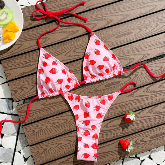 Bikini sexy con cuello halter y estampado de fresas para mujer