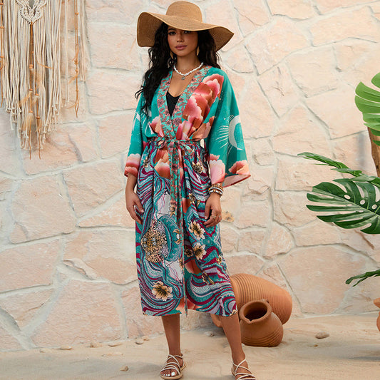Bata de baño tipo kimono con estampado gráfico para mujer