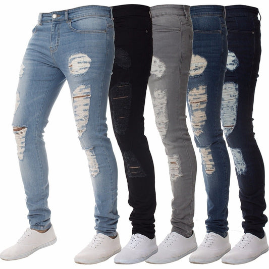 Men Casual Basic Ripped Slim Fit High-Waisted Jeans