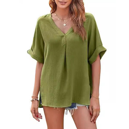 Blusa holgada informal de manga corta con cuello en V y color liso para mujer