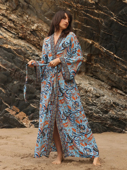 Chemisier de plage kimono en coton à imprimé floral pour femme