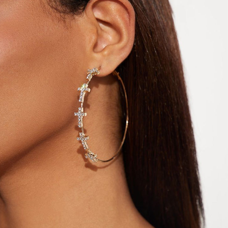 Fashion Exaggerated Rhinestone Cross Hoop Earrings with Gold Silver Finish