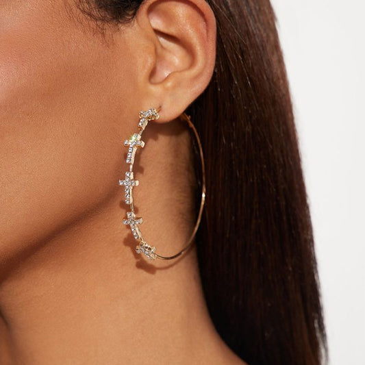 Fashion Exaggerated Rhinestone Cross Hoop Earrings with Gold Silver Finish