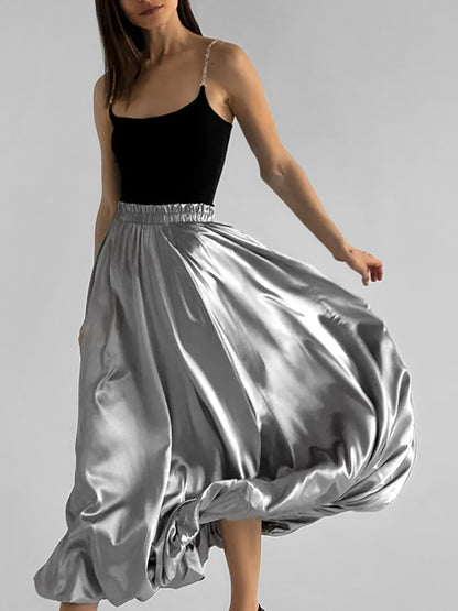 Falda plisada de satén informal sencilla de moda para mujer
