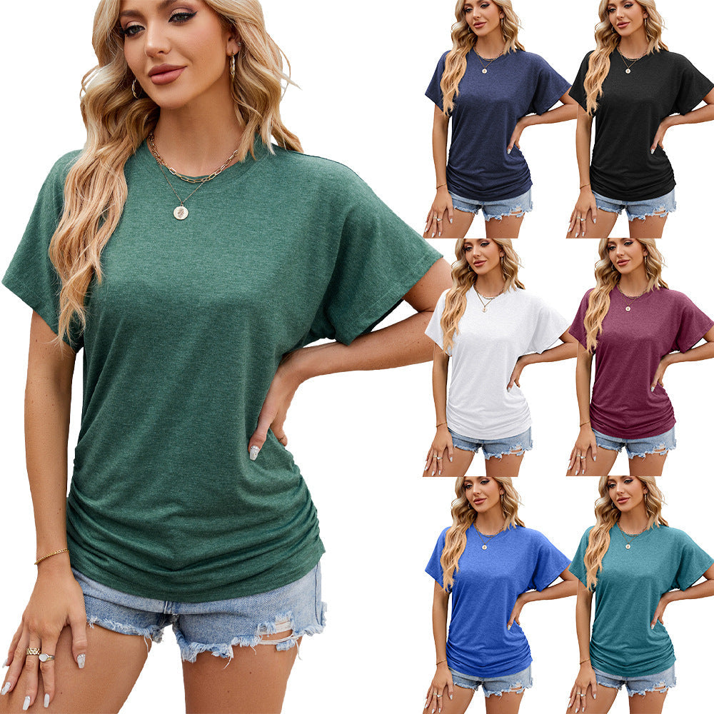 Camiseta holgada de manga corta con cuello redondo, color liso, para primavera y verano