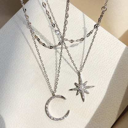 Collar de doble capa con estrella y luna de diamantes de imitación para mujer
