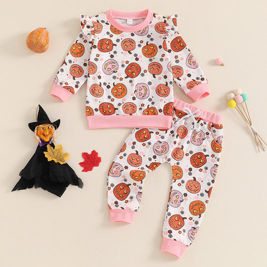 Ensemble en coton imprimé citrouille d'Halloween pour bébé fille
