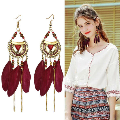 Bohemian Ethnic Style Retro Tassel Feather Earrings