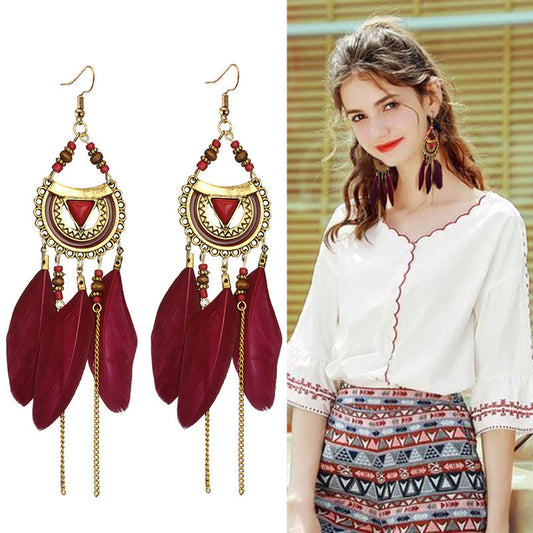 Bohemian Ethnic Style Retro Tassel Feather Earrings