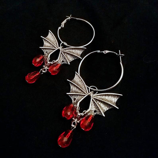 Halloween Gothic Red Vampire Bat Glass Crystal Earrings