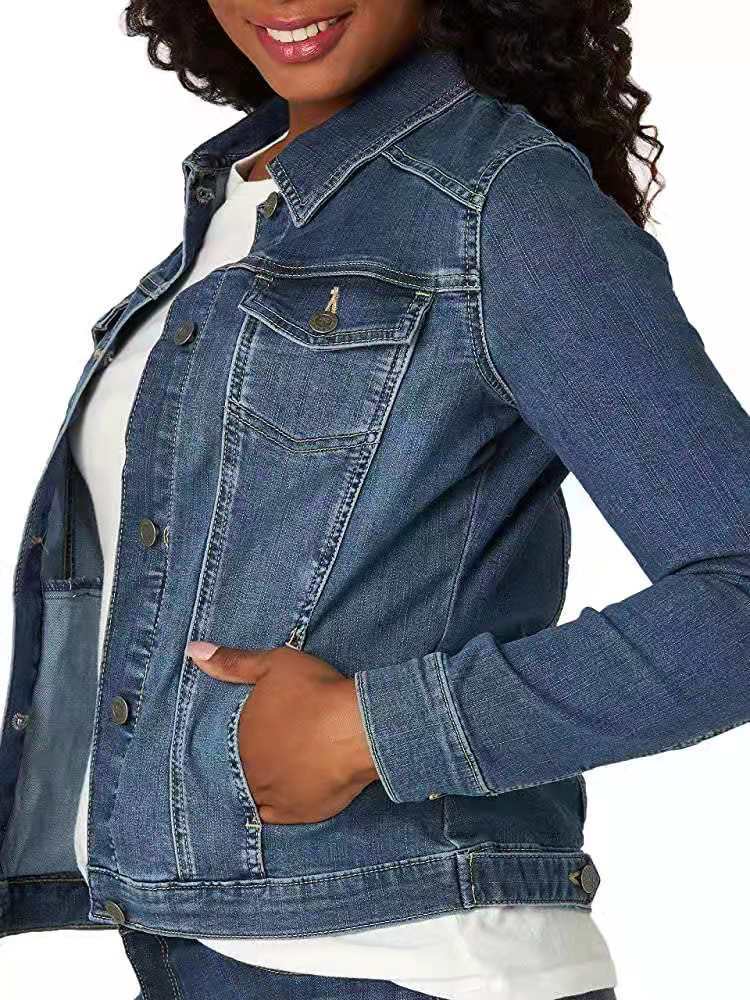 Chaqueta vaquera informal de manga larga con solapa para mujer