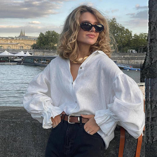 Women Fashion Casual Lapel Lantern Sleeve Blouse