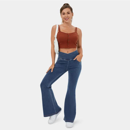 Women Fashion Casual Solid Color High Waist Jeans
