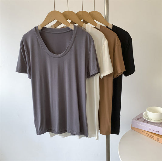 Camiseta informal de verano para mujer, color liso, con cuello en U y mangas abullonadas