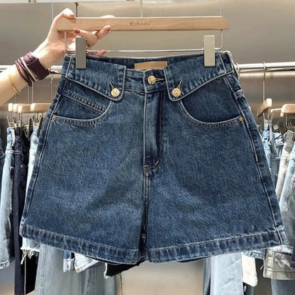 Pantalones cortos vaqueros de pierna ancha y cintura alta informales a la moda para mujer