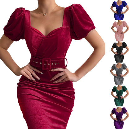 Robe mi-longue élégante en velours de couleur unie pour femme