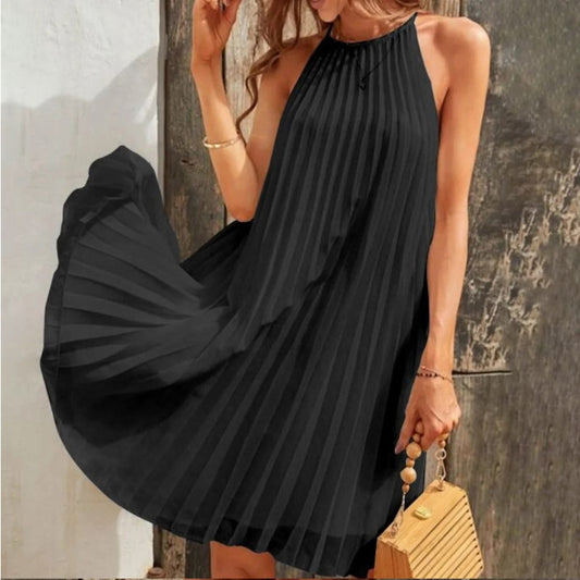 Women Fashion Elegant Solid Color Pleated Dress