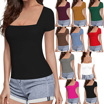 T-shirt sexy à décolleté carré et col rond pour femme