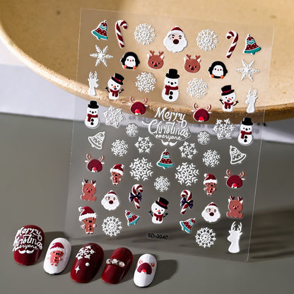 Pegatinas para uñas con relieve navideño de Papá Noel, muñeco de nieve y copos de nieve