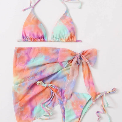 Conjunto de bikini de gasa con efecto tie-dye sexy para mujer