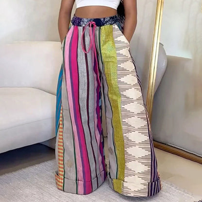 Pantalones anchos de color block para mujer, informales, de moda, de poliéster, corte holgado