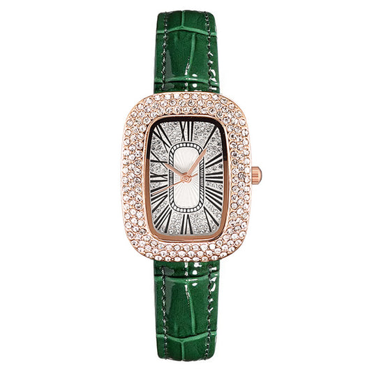 Women Casual Rectangular Rhinestone Watch with Leather Strap