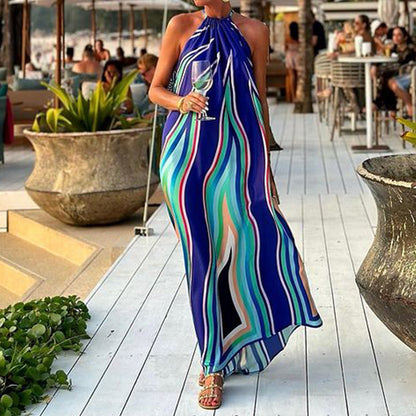 Women Fashion Casual Boho Printed Halter-Neck Sleeveless Dress