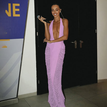 Vestido maxi ajustado de malla con escote en V profundo y color sólido sexy para mujer