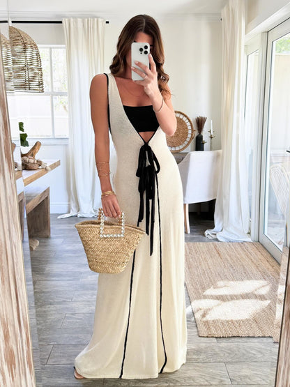 Women Fashion Sexy Contrast Color V Neck Sleeveless Lace Up Long Dress