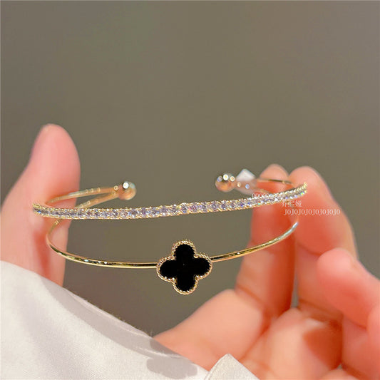 Chic Double Layer Black Four Leaves Clover Bangle
