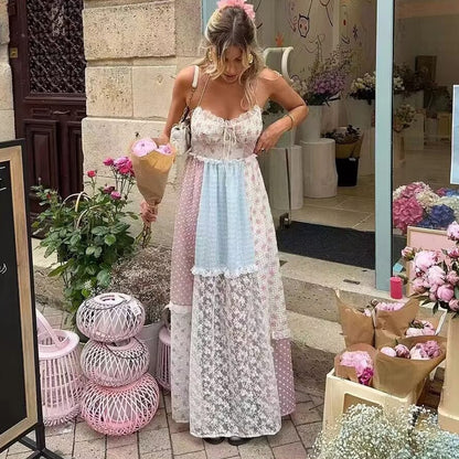Robe longue dos nu en dentelle à petites fleurs style bohème pour femme