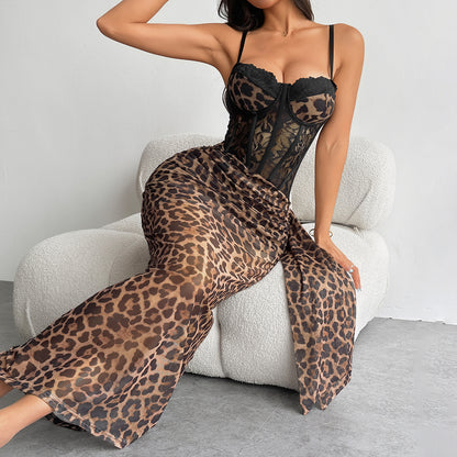 Women Fashion Sexy Leopard Lace Spaghetti Strap Dress
