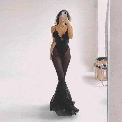 Women Fashion Sexy Mesh Stitching Flared Jumpsuit in Polyester