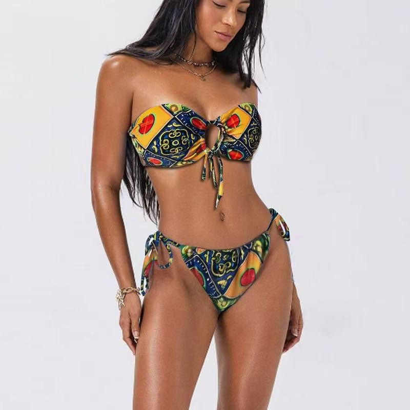 Traje de baño de bikini con parte superior de tubo y estampado multicolor para mujer