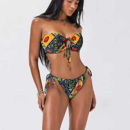 Traje de baño de bikini con parte superior de tubo y estampado multicolor para mujer