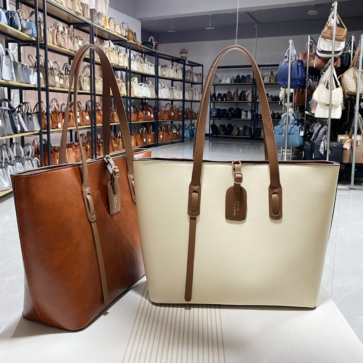 Women Color Blocking PU Leather Tote Bag