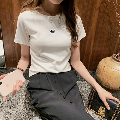 Women Fashion Casual Solid Color Embroidered Crewneck T-Shirt