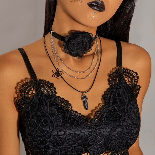 Gothic Dark Lace Rose Multilayer Necklace