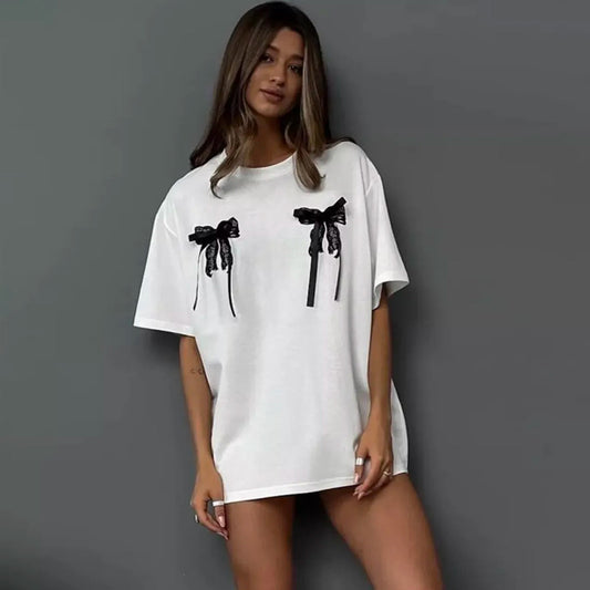 Summer Three-Dimensional Bow Lace Short-Sleeved T-Shirt